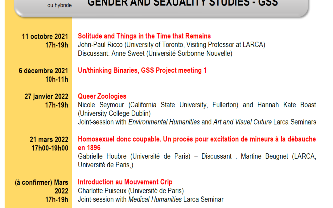 Programme 2021-2022 des séminaires Genres et Sexualités @LarcaParis @Univ_Paris @CNRS @CNRS_Villejuif