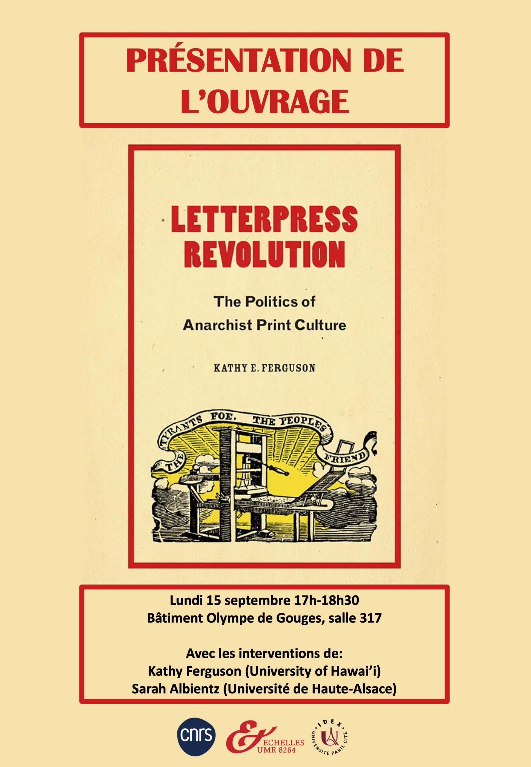 Affiche de l'événement: "Présentation de Letterpress Revolution de Kathy Ferguson" le 15 septembre à 17h dans la salle Olympe de Gouges 317